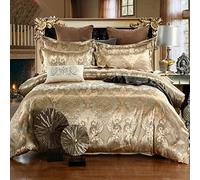 Sticker Superb Juego de Cama para Adultos 3 Piezas Funda Nórdica Jacquard Bordado con Flores en 3D Poliéster de Lujo Funda Nórdica Lisa Satinada 2 Fundas de Almohada (Dorado,Cama 135 cm-200x230 cm)