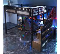 STILVORA, cama alta de 140 x 200 cm, cama juvenil con estante, escritorio, barra de luz LED y puerto USB, escalera con espacio de almacenamiento, color