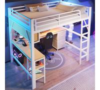 STILVORA, cama alta de 140 x 200 cm, cama juvenil con estantería y escritorio, cama infantil con múltiples compartimentos de almacenamiento, diseño que ahorra espacio, color blanco