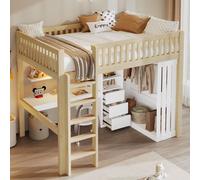 STILVORA, cama alta de 140x200 cm con escritorio y armario, cama juvenil con 3 cajones y espacio de almacenamiento abierto, cama infantil con barandilla y escalera, sin colchón, color natural