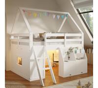 STILVORA, cama alta de 140x200 cm con forma de casa y escalera, cama infantil con iluminación LED y cajas de almacenamiento, cama con forma de casa y bolsillos de tela, color blanco