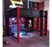 STILVORA, cama alta de 140x200 cm con iluminación LED, ideal para gaming, con escritorio y escalera. Cama litera con armario y cajones grandes. Cama juvenil sin colchón, color y rojo