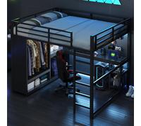 STILVORA, cama alta de 160x200 cm, cama juvenil con iluminación LED e incluye escritorio, cama infantil con armario abierto y estantes, color