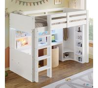 STILVORA, cama alta de 90x200 cm, cama juvenil con luces LED, armario, cama infantil con escritorio, cajones, compartimentos de almacenamiento, color blanco
