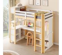 STILVORA: Cama alta de 90x200 cm con escritorio, cama juvenil con armario y estanterías, cama infantil con varios compartimentos de almacenamiento, sin colchón, color natural