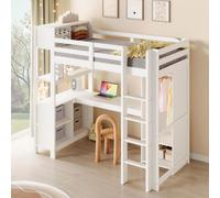 STILVORA, cama alta de 90x200 cm con escritorio, cama juvenil con armario y estanterías, cama infantil con varios compartimentos de almacenamiento, sin colchón, color blanco