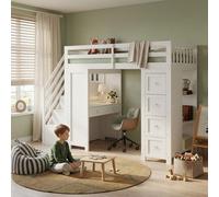 STILVORA: Cama alta de 90x200 cm con espacio de almacenamiento y área de estudio. Cama litera blanca con escritorio integrado y cajones. Cama infantil con estanterías laterales