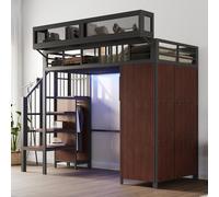 STILVORA, cama alta de 90x200 cm, estructura de metal con armario y iluminación LED. Cama juvenil con escalera de seguridad y estanterías de almacenamiento. Cama individual compacta con barandilla de 
