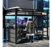 STILVORA, cama alta de metal de 140x200 cm con colchón, estructura de cama con cajones y escritorio, cama juvenil con iluminación LED, cama alta con estante, color