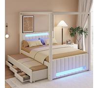 STILVORA: Cama con dosel tapizada de 140x200 cm con cama extraíble e iluminación LED, cama con espacio de almacenamiento y 3 cajones, sofá cama doble que ahorra espacio, color beige