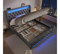 STILVORA, cama doble de 140x190 cm, tapizada con iluminación LED, cabecero con espacio de almacenamiento, cama con sistema hidráulico de almacenamiento, puertos USB y tipo-C, tapizada en terciopelo, c