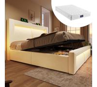 STILVORA, cama doble de 160x200 cm con colchón, con espacio de almacenamiento y cajón elevable hidráulico. Cama tapizada con control LED a través de una aplicación y puertos USB/Type-C. Cama con espac