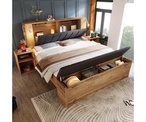 STILVORA, cama doble de 160x200 cm, estructura de madera con cabecero abatible de lino y lámparas de lectura con USB, cama con espacio de almacenamiento y mesitas de noche integradas, y banco para la