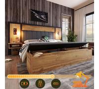 STILVORA: Cama doble de 160x200 cm, tapizada, con lámpara de lectura y mesita de noche con puerto USB. Estructura de cama de madera con banco integrado. Marco de cama de metal, madera y lino. Color: r