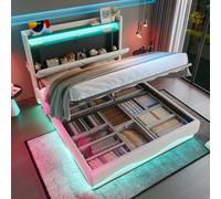 STILVORA: Cama doble de 160x200, tapizada, con función de carga USB tipo C, cabecero con LED y superficies de almacenamiento. Cama juvenil con cajón para ropa de cama, color beige, incluye colchón
