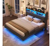 STILVORA, cama doble de 160x200, tapizada con iluminación LED, cama con espacio de almacenamiento, con puertos USB y tipo C, diseño suspendido, incluye colchón, color gris