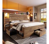 STILVORA: Cama doble de 180x200 cm con luces LED empotradas, puertos USB tipo C y cajones de almacenamiento. Estructura de cama de madera con mesitas de noche flotantes y un nicho iluminado. Estructur