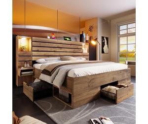 STILVORA: Cama doble de 180x200 cm con luces LED empotradas, puertos USB tipo C y cajones de almacenamiento. Estructura de cama de madera con mesitas de noche flotantes y un nicho iluminado. Estructur