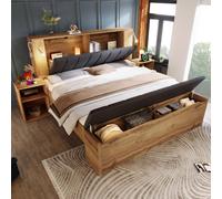 STILVORA, cama doble de 180x200 cm con USB y espacio de almacenamiento. Cama de madera con cabecero abatible y lámparas de lectura. Incluye dos mesitas de noche y una banqueta con espacio de almacenam