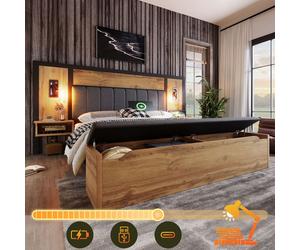 STILVORA: Cama doble de 180x200 cm, tapizada con lámpara de lectura y mesita de noche con puerto USB. Estructura de cama de madera con banco integrado. Marco de cama de metal, madera y lino. Color: ro