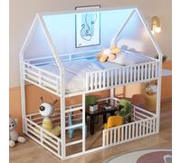 STILVORA: Cama nido de 140x200 con colchón y barandilla de protección de estilo valla. Cama doble en forma de casa con iluminación LED y escalera. Cama juvenil sin colchón, color blanco