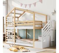 STILVORA: Cama nido de 90x200 con ventana y escaleras con espacio de almacenamiento. Cama infantil con forma de casa, con espacio de almacenamiento y protección anticaídas. Cama juvenil con barandilla