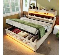 STILVORA, cama tapizada de 140x190 cm con iluminación LED de 360° y función de carga USB/Tipo-C, cama doble con espacio de almacenamiento hidráulico, ideal para dormitorios en color beige lino. No inc