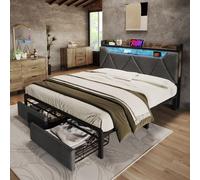 STILVORA: Cama tapizada de 140x200 cm, cama doble con función de carga USB y Type-C, iluminación LED y cajones, cabecero con espacio de almacenamiento, color gris (incluye colchón)