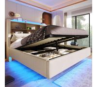 STILVORA: Cama tapizada de 140x200 cm con barra de luces LED y espacio de almacenamiento hidráulico. Cama doble con compartimentos de almacenamiento y diseño flotante. Cama juvenil con puertos USB y t