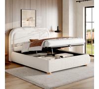 STILVORA: Cama tapizada de 160x200 cm con espacio de almacenamiento hidráulico, cama doble con somier y cabecero acolchado, ideal para dormitorios, con revestimiento de bou olor blanco