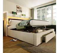 STILVORA: Cama tapizada de 180x200 cm con espacio de almacenamiento hidráulico y cabecero, cama con espacio de almacenamiento y iluminación LED, estructura de cama con puertos USB y USB-C, cama juveni