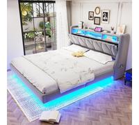 STILVORA: Cama tapizada de 180x200 cm con iluminación LED y toma de corriente USB tipo C. Cama con cabecero abatible y espacio de almacenamiento, diseño flotante, tapizada en tela de terciopelo, color