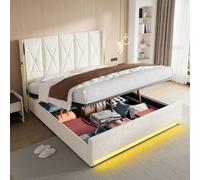 STILVORA: Cama tapizada de 180x200 cm con sistema hidráulico de elevación y amplio espacio de almacenamiento. Cama con espacio de almacenamiento, iluminación LED y puertos USB. Cama doble con cabecero