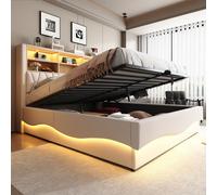 STILVORA: Cama tapizada de 180x200 con mesitas de noche y puertos de carga USB. Cama juvenil con iluminación LED controlada por aplicación. Cama doble con somier de metal. Material: lino. Sin colchón.