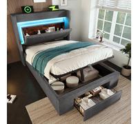 STILVORA, cama tapizada de 90x200 cm con espacio de almacenamiento hidráulico y cabecero, cama con espacio de almacenamiento y iluminación LED, estructura de cama con puertos USB y USB-C, cama juvenil