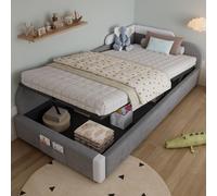 STILVORA, cama tapizada de 90x200 cm, tipo boxspring con espacio de almacenamiento, sin colchón, cama infantil con sistema hidráulico para levantar la base, cama con espacio de almacenamiento y barand