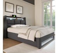 STILVORA: Camas con somier, estructura de cama tapizada, 90x200 cm, cama para jóvenes, estructura de cama con cajón hidráulico, iluminación LED y puerto USB, tela de lino, color gris (sin colchón)