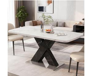 STILVORA: Mesa extensible para comedor con superficie imitación mármol, mesa de comedor con patas de MDF en forma de X y base de metal, mesa de cocina moderna de forma rectangular