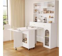 STILVORA: Mesa plegable para 2-4 personas, mesa de cocina con ruedas con freno, superficie de trabajo de cocina con espacio de almacenamiento abierto y 2 cajones, color blanco