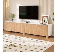 STILVORA: Mueble de televisión bajo con relieve arqueado y 4 puertas, mueble de televisión con espacio de almacenamiento, mueble de televisión con patas metálicas