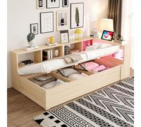 STILVORA: Sofá cama de 90x200 cm con mecanismo de elevación hidráulico y compartimentos de almacenamiento. Cama funcional con toma de corriente europea y barra de luces LED multicolor. Cama infantil d