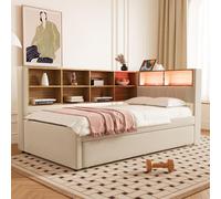 STILVORA: Sofá cama de 90x200 cm, ideal como sofá diario, con iluminación LED y enchufes. Cama infantil con múltiples compartimentos de almacenamiento, color beige (sin colchón)