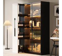 STILVORA, vitrina de 110,5 x 35 x 160 cm con puerta de cristal e iluminación LED, armario alto con cajón lateral y ruedas, mueble multifuncional para salón/comedor, en color y blanco