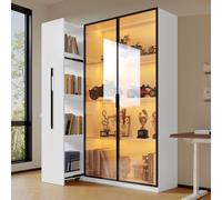 STILVORA, vitrina de 110,5 x 35 x 160 cm con puerta de cristal e iluminación LED, armario alto con cajón lateral y función de almacenamiento, mueble multifuncional de estilo francés para salón y comed