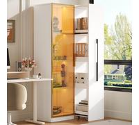 STILVORA, vitrina de 70x40x160 cm con puerta de cristal e iluminación LED, armario alto con cajón lateral y cajón, mueble multifuncional para salón, comedor y cocina