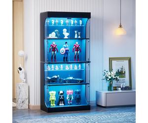 STILVORA: Vitrina de vidrio negra con 4 estantes y espacio de almacenamiento. Vitrina con iluminación LED y puertas de vidrio. Armario con función de sensor que protege contra el polvo