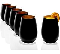 Stölzle Lausitz Taza de 465 ml, juego de 12 vasos de agua en negro (mate) y bronce, apto para lavavajillas, cristal sin plomo, calidad superior, juego de 4 pajitas de acero inoxidable EKM Living