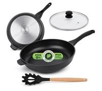 Stone&Stone Sartén Inducción Antiadherente 32 cm con Tapa, Sartén Grande para Inducción y Gas, Apta para Paella, Revestimiento Cerámico Alemán, Base de Acero Completo, Sin PFAS, PFOA ni PTFE + Cuchara