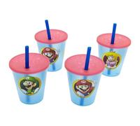 Stor Set de 4 vasos con pajita Super Mario 285 ml - Vasos infantiles reutilizables Jo con efecto escarchado y purpurina para fiestas y cumpleaños, idea de regalo, aptos para microondas
