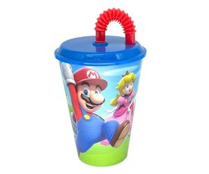 Stor Vaso Infantil con Tapa y Pajita Super Mario Bros 430ml - Vaso de Plástico Resistente para Niños - Sin Derrames